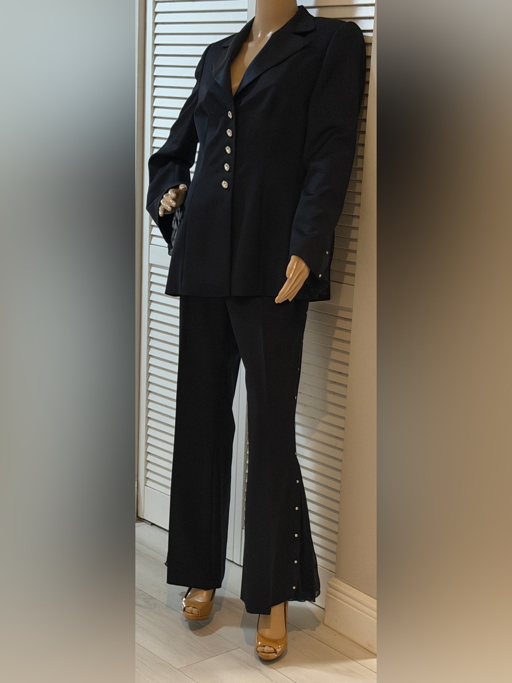 Escada Couture Black Crystal 5 Button Blazer Pant Suit Chiffon Detail. Stunning!